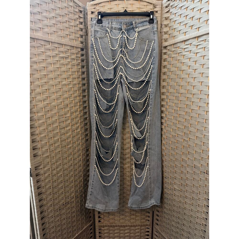 Women's High Waisted Ripped Jeans Blue S Pearl Rhinestone Chain Distress Style